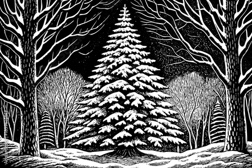 monochrome Christmas tree standing in a quiet snowy forest creates a dramatic winter composition highlighting contrast, seasonal atmosphere, and timeless holiday simplicity