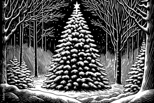 monochrome Christmas tree standing in a quiet snowy forest creates a dramatic winter composition highlighting contrast, seasonal atmosphere, and timeless holiday simplicity