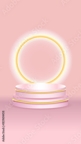 Pink and gold neon circle with podium on pastel background