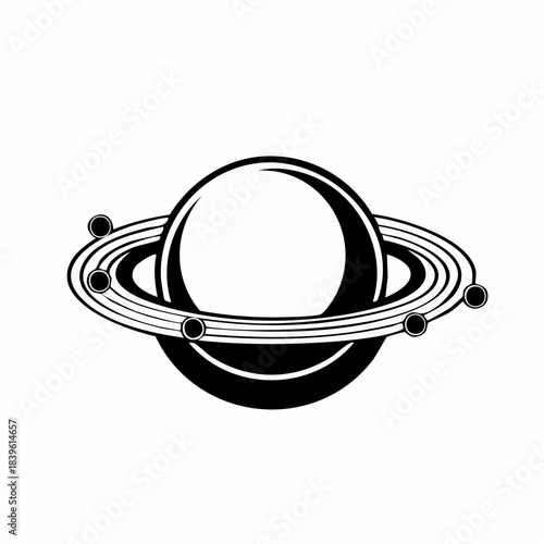 A black and white graphic illustration of a ringed planet with multiple orbiting satellites, resembling Saturn in a minimalist design.