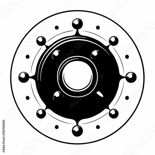 Stylized black and white illustration of a circular virus or cell-like structure with spherical spikes and concentric rings, abstract graphic design.
