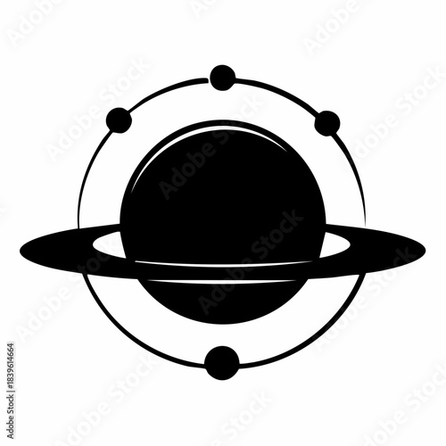 Stylized black silhouette of a ringed planet with four orbiting elements, resembling both a celestial body and an atomic model.
