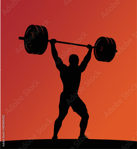 Silhouette of a strong muscular man lifting a heavy barbell overhead against a vibrant sunset background, symbolizing strength and achievement