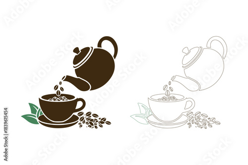 Coffee brewing and pouring into a cup with beans and leaves