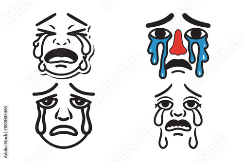 Four cartoon faces expressing different types of sadness and crying