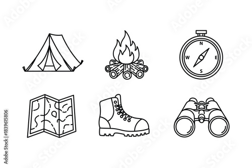 Outdoor adventure icons camping hiking and exploration symbols