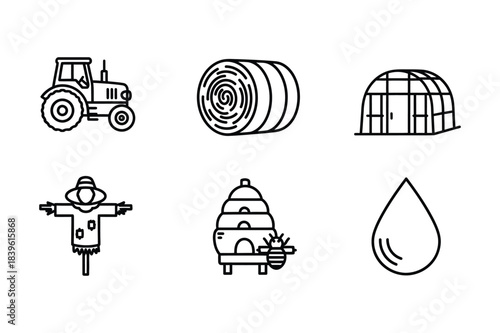 Set of hand drawn farm icons including tractor hay bale greenhouse scarecrow beehive and water drop