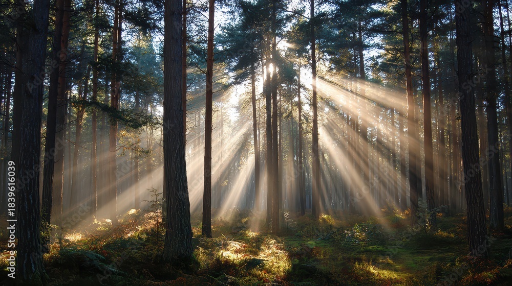 Obraz premium Tranquil Forest Scene with Sun Rays Filtering Through Lush Trees, Creating a Serene Landscape of Light and Shadow