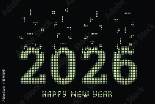 2026 Original Retro Computer Game Style New Year Concept with Dropping Elements and Pixelized Numerals Logo and Lettering - Green on Black Background - Mixed Graphic Design