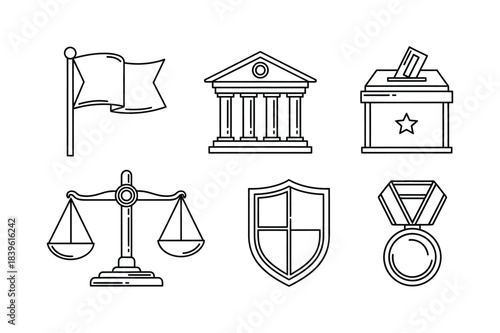 Collection of hand drawn icons representing law justice and government