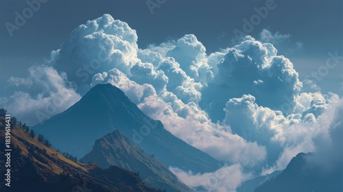 Serene Nature Adventure: Majestic Clouds Drifting Over Mountain Peaks in a Summer Sky Landscape