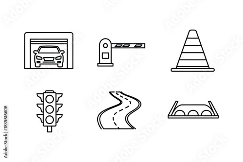 Collection of road and traffic related icons in outline style