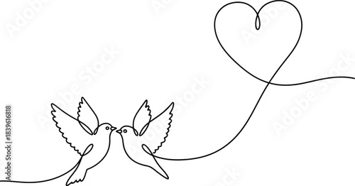 Lovebirds And Heart Continuous Line Drawing, Romantic Symbolism