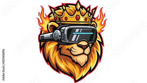 Lion samurai with katana controller and red rising sun mane, Japanese gamer style, white background