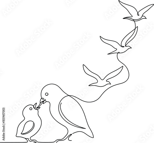 Bird Family Line Art Illustration