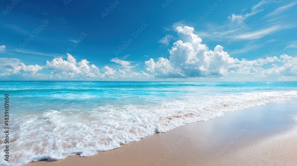 Fototapeta premium Serene Coastal Scene: Tranquil Beach Under Lush Blue Sky with Soft White Clouds, Perfect for Summer Getaways and Vacation Inspiration