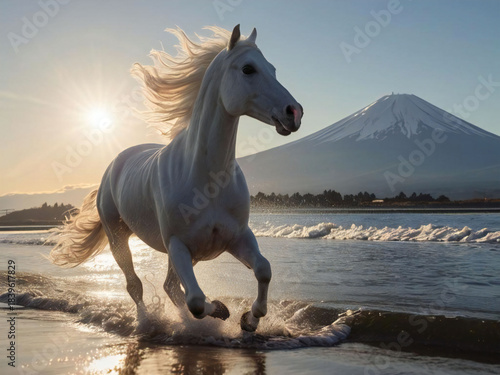 A thoroughbred sprinting at full speed.