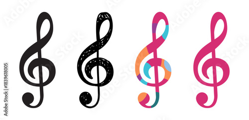Set of colorful treble clef symbols, isolated on transparent background, vector illustration. Perfect for music design, education materials, and creative graphic projects