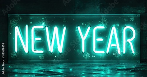 Bright neon sign displays New Year. Dark background enhances glowing text, snowflakes add festive touch. Minimalist design.