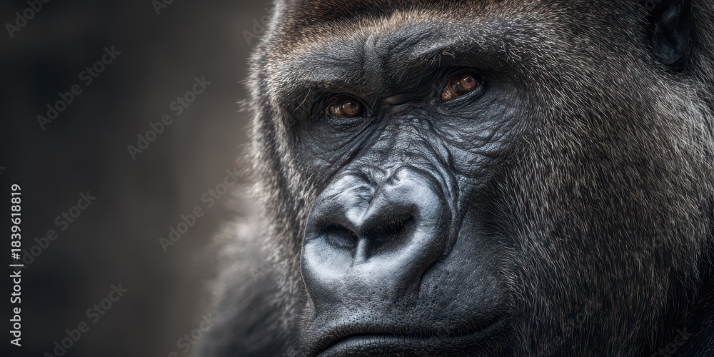 Obraz premium Majestic Portrait of a Lowland Gorilla: A Close-Up of an Endangered Mammal in Its Natural Habitat
