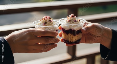 Two people sharing dessert cups with cream and berries outdoors