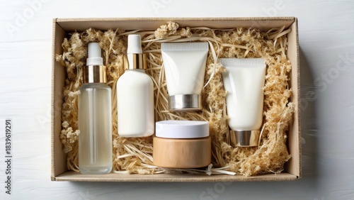 Skincare gift set in box mockup cosmetic mockup beauty mockup label mockup premium mockup spa mockup kit mockup present mockup retail mockup background image