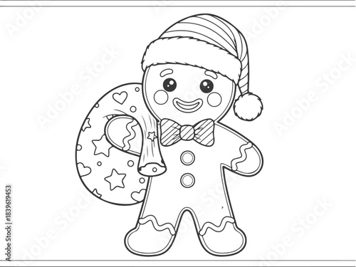Christmas Gingerbread Man Coloring Book Page for Kids, Festive Holiday Design, Outline Illustration