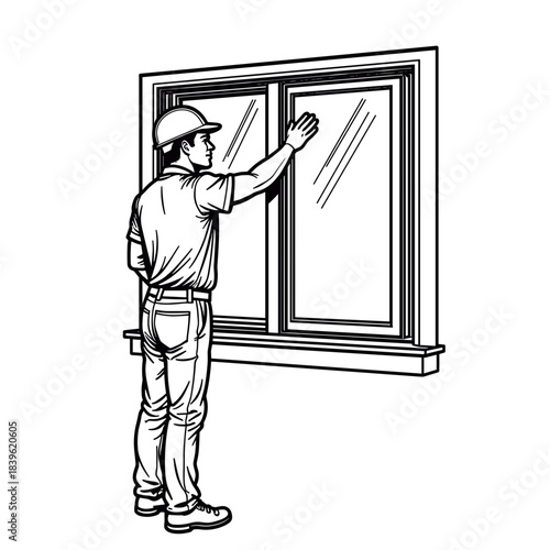 Worker sealing window with weather stripping, home insulation and energy efficiency in construction