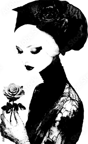 Vintage Woman with Rose, Retro Xerography Halftone Portrait, Black and White Artistic Vector Illustration Isolated