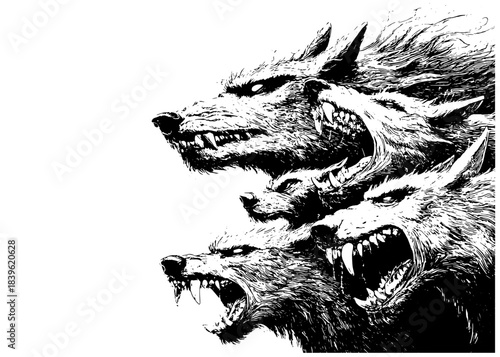 Triple Wolf Heads, Aggressive Howling Wolves, Retro Xerography Halftone Engraving, Black and White Vector Illustration
