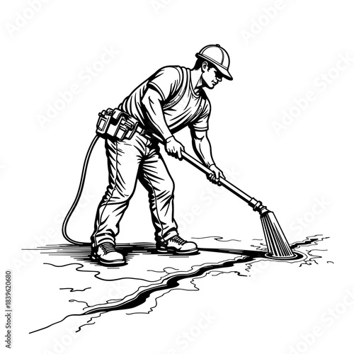 Worker applying sealant to asphalt crack, road maintenance and construction precision