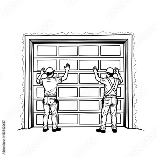 Workers installing garage door, construction and home improvement