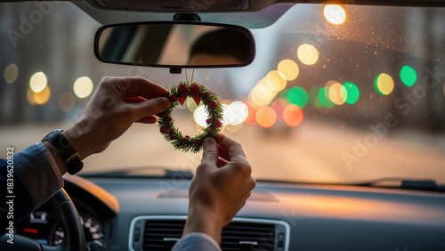 Hands Adjusting Christmas Wreath on Car Mirror, Festive Holiday Decorations and Cozy Winter Driving