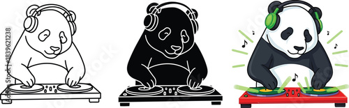 Panda bear dj in headphones mixing music on turntables, a fun cartoon illustration. set of outline, silhouette, and full color vector graphic design Vector
