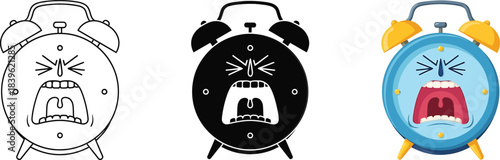 Set of three screaming alarm clocks, cartoon outline, silhouette and colored versions, depicting wake-up, time stress, and morning struggle Vector