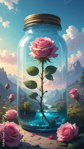 Rose in a jar, scenic landscape