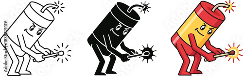 Mischievous firecracker character cartoon igniting its fuse with a burning matchstick, set of three distinct styles, explosive danger ahead Vector