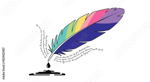 A colorful feather with ink droplets and swirling musical notes