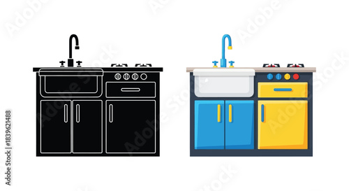 Cartoon illustration of kitchen sinks and countertops in different color schemes