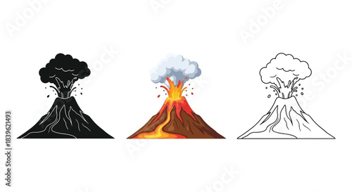 Illustration of three volcano eruptions in varying styles and colors