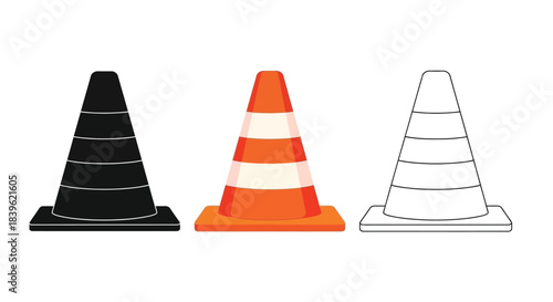 Three traffic cones in different colors and styles are displayed