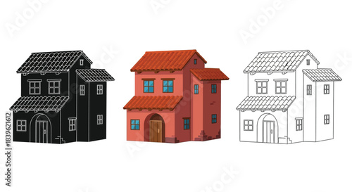 Three variations of a small house with a red tile roof illustrated