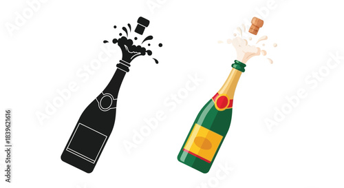 Popping champagne bottle a celebratory splash in black and colorful illustration