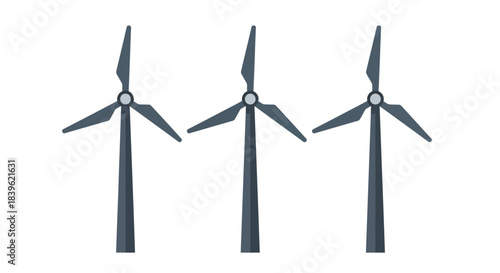 Three gray wind turbines stand against a plain white background generating power