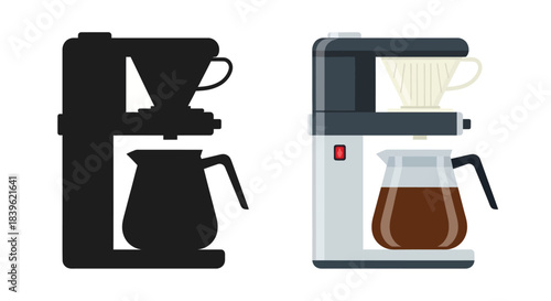 Pour over coffee maker illustration in silhouette and colorful detailed style
