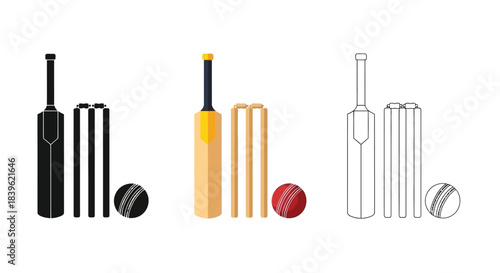 Cricket equipment illustration featuring bats balls and wickets in various styles