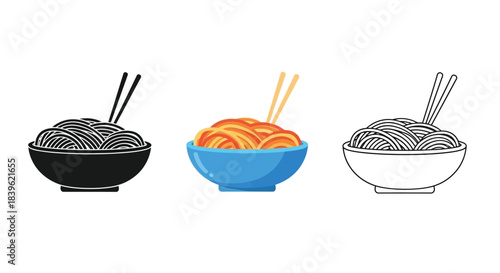 Illustration of noodle dishes in three different bowl styles and color schemes