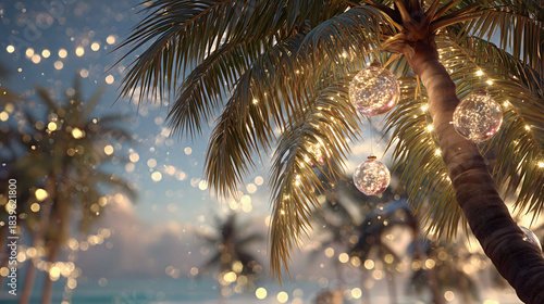 Fototapeta Naklejka Na Ścianę i Meble -  A majestic royal palm tree on a tropical beach at dusk, decorated with vintage Christmas glass baubles and golden fairy lights, a few stars in the sky, soft focus, warm ambient lighting