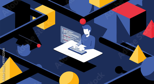 Developer coding on computer surrounded by abstract geometric shapes and lines