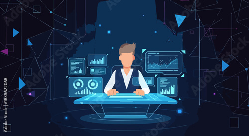 Businessman analyzing digital data interfaces in a futuristic technology setting